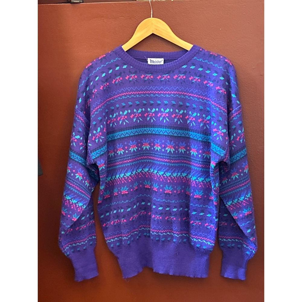 Vintage 80,s Meister Knit Sweater Retro Fair Isle Grandmacore Ski Purple Winter